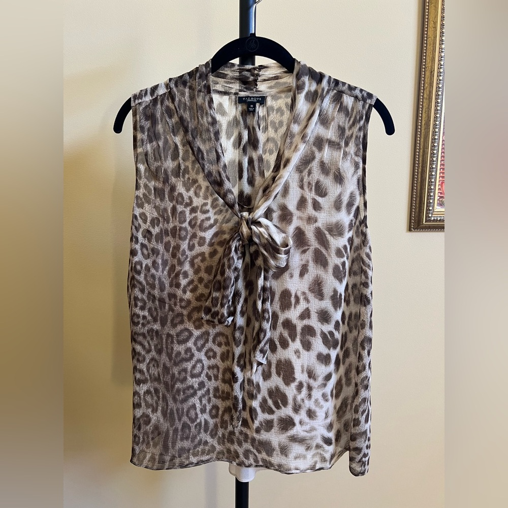 Talbots Blouse Vintage Sleeveless 100% Silk Animal Print Brown Tan Size 10